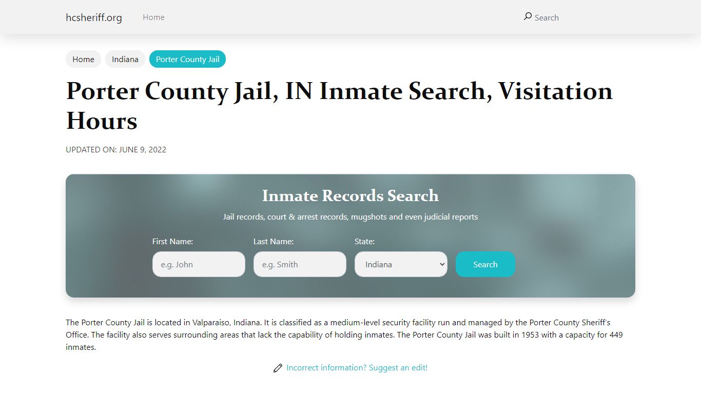 Porter County Jail, IN Inmate Search, Visitation Hours