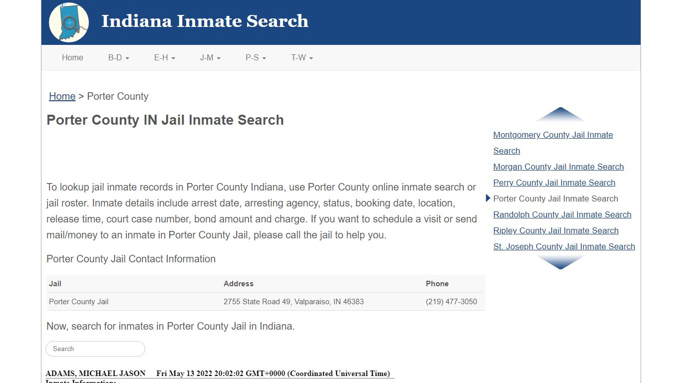 Porter County IN Jail Inmate Search